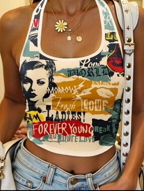 NIP - Forever Young Graphic Crop Tank Top - Sz XL